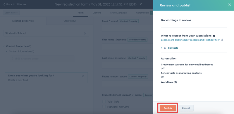 HubSpot Forms Publish