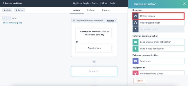 HubSpot Zaybra Subscription Workflow If/then branch