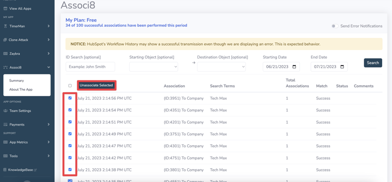 How to unassociate objects in HubSpot using Associ8