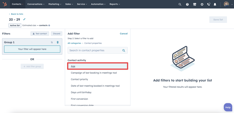 How to add contacts to a list based on age in HubSpot
