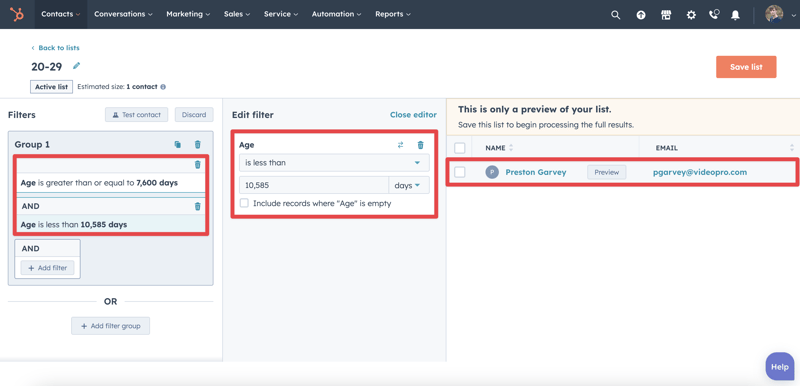 Adding HubSpot contacts to a list based on age