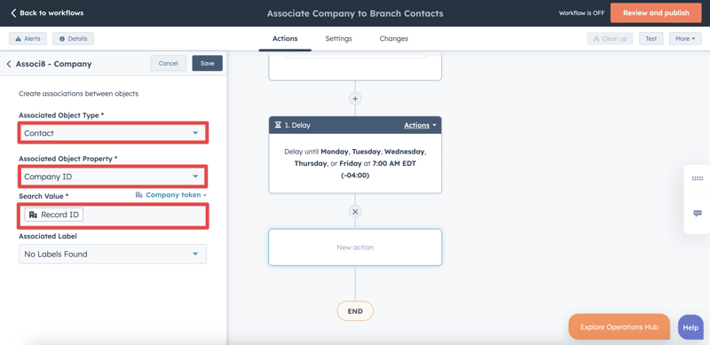 How to use Associ8 to associate a company to its branch's contacts in HubSpot