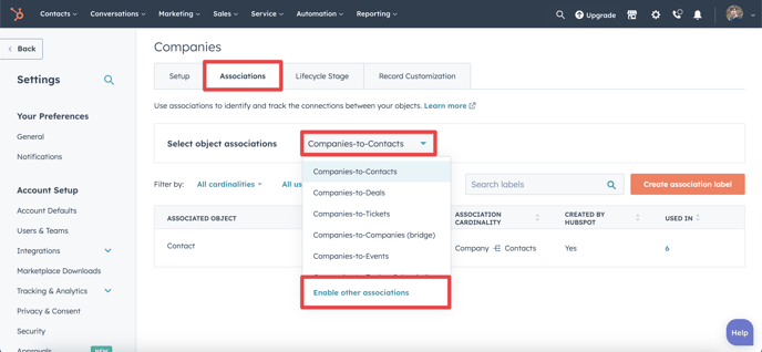 HubSpot How to enable associations