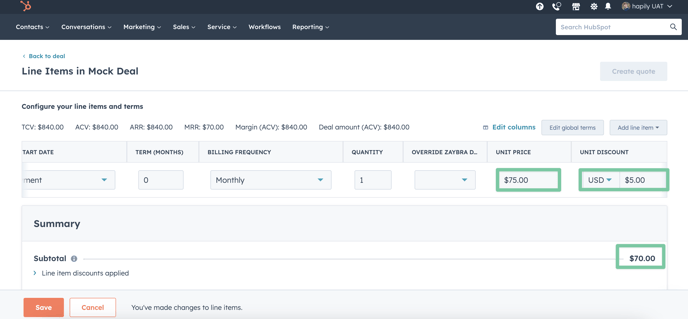 Line item discounts on the saas·hapily quote