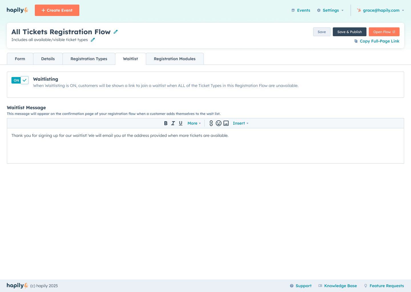 EHP - Registration Flow Record - Waitlisting Tab - On