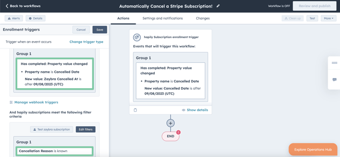 Enrollment trigger for cancelling Stripe subscriptions