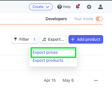 Export prices in Stripe