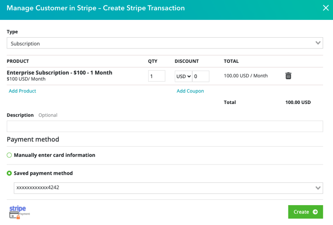 Create Stripe Transaction window