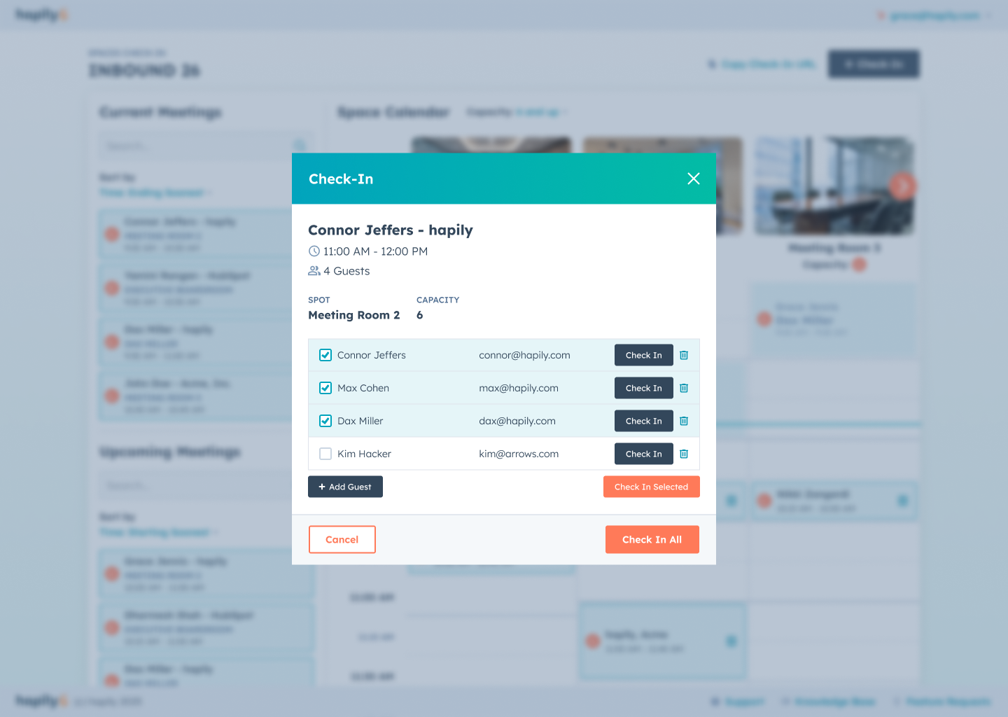 Meeting Manager - Manual Check-In Modal - Meeting Attendee List - Atetndees Selected