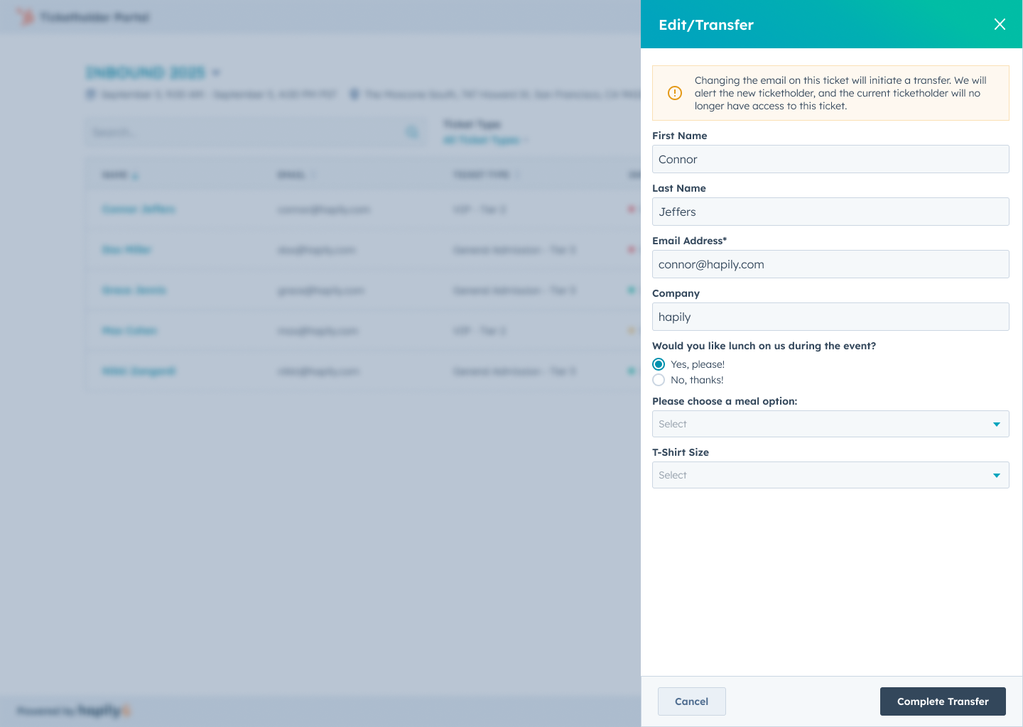 event - Ticketholder Portal - Desktop - Edit Transfer Panel