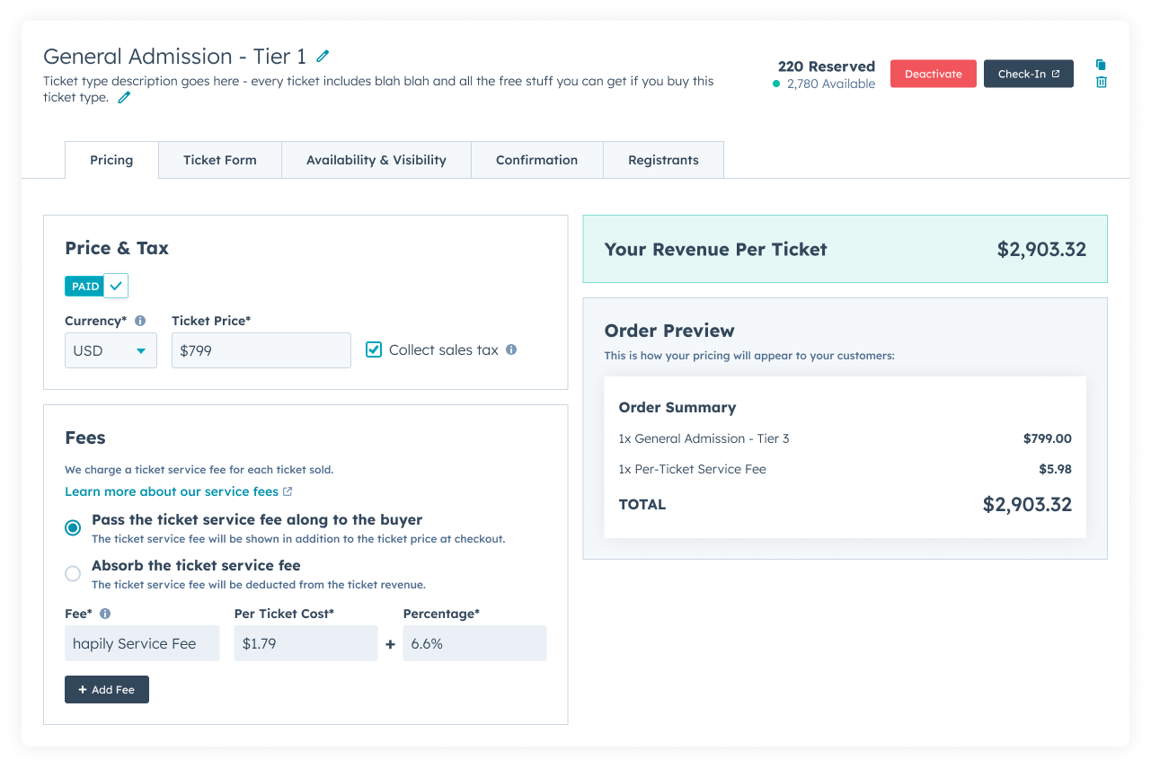 Ticket Type Pricing Tab