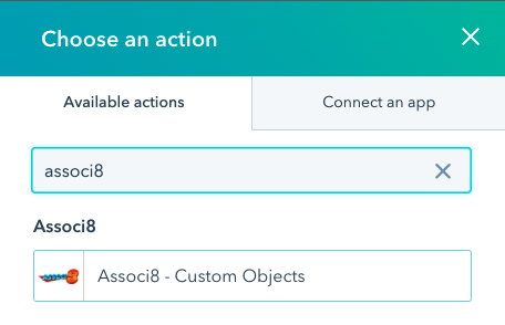 Selecting the Associ8 - Custom Objects action
