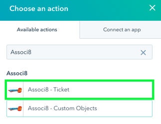 Selecting the Associ8 - Ticket action
