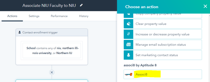 Selecting the Associ8 action