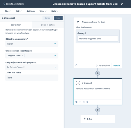 Unassoci8 removing closed support tickets from a deal