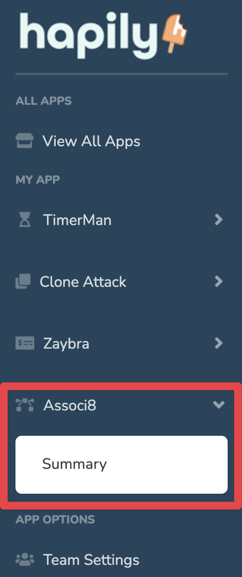 Associ8 Summary in the hapily portal sidebar