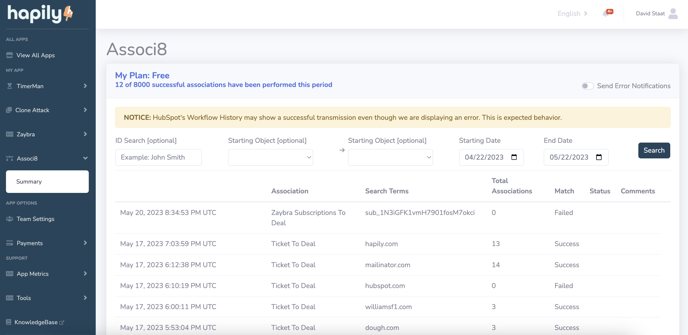 Associ8 settings and log page